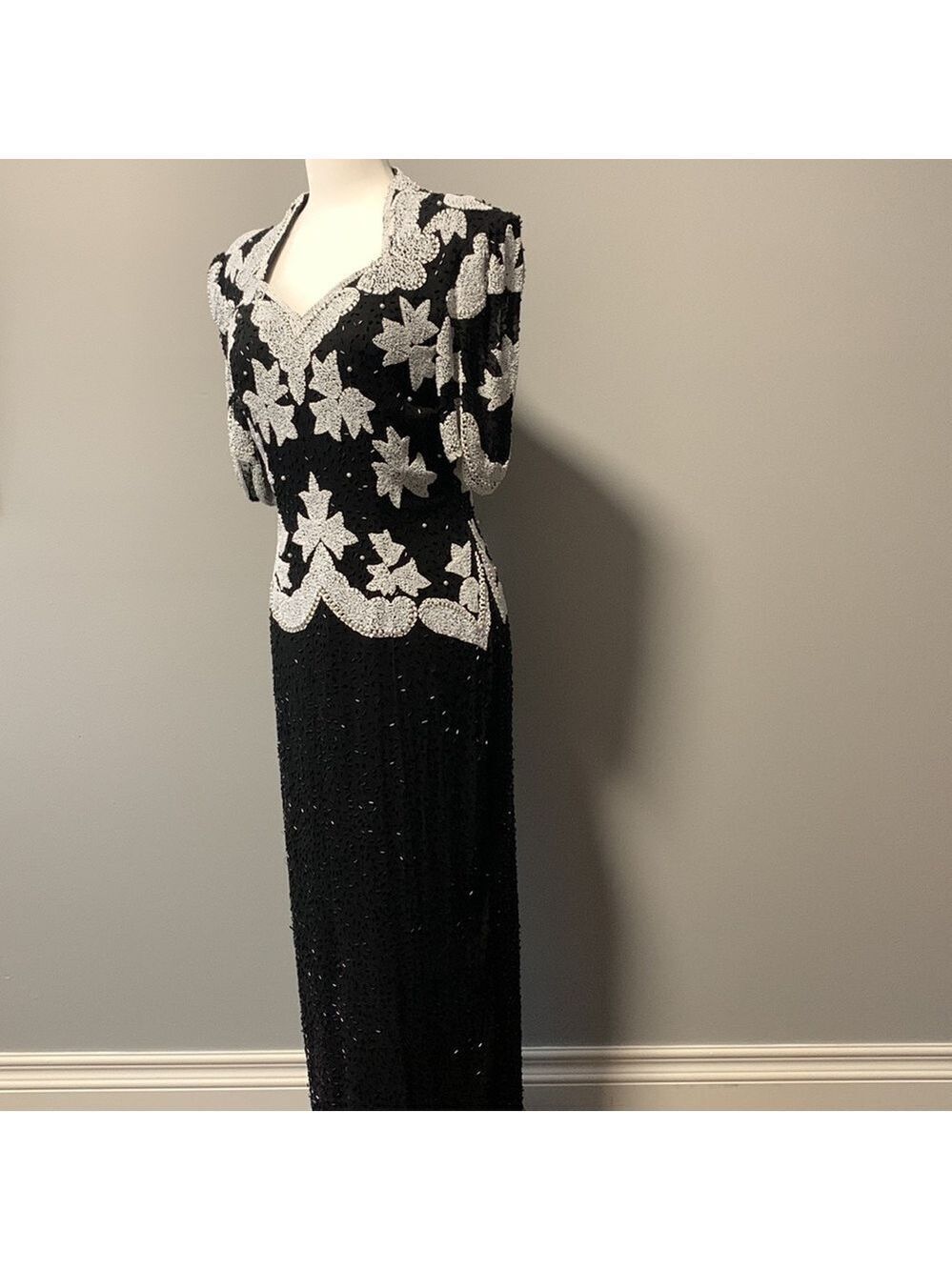 Mezza Luna Vintage Silk Beaded Black White Party Cocktail Evening Dress Size 8 - Picture 12 of 15